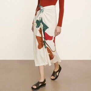 New Vince Tencel Painted Abstract Sarong Knot Midi Skirt Cream M $395